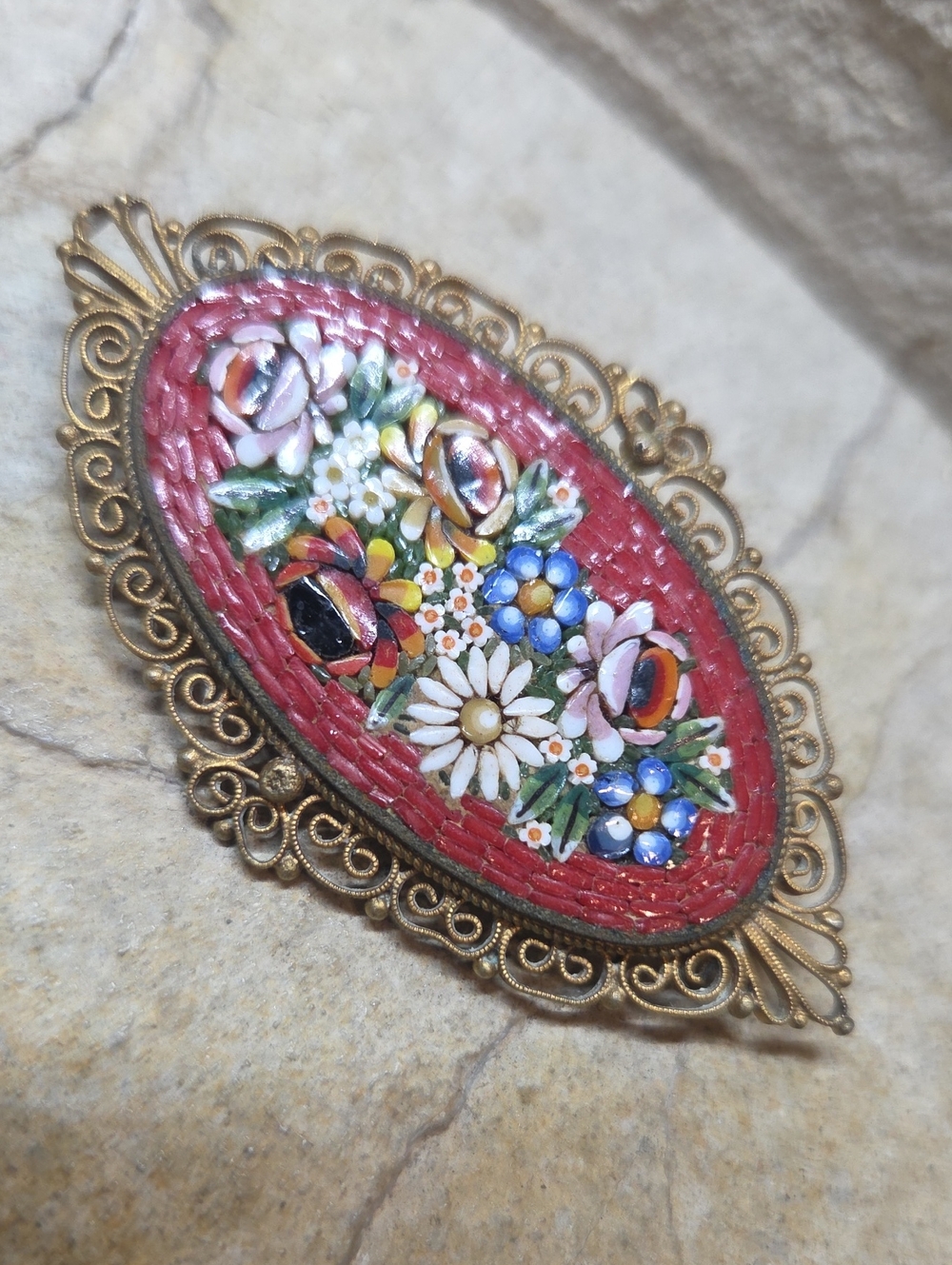 Vintage Floral Micro Mosaic Signed Italy Brooch with Brass Accents
